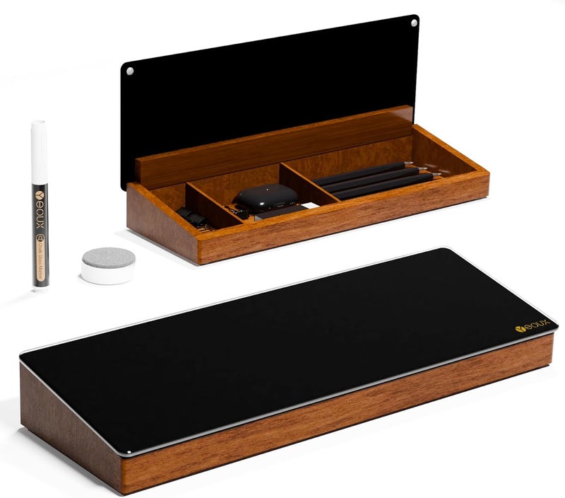 YEOUX Desktop Black Glass Dry Erase Board with Wood Organizers for Small Office Supplies, Desk Whiteboard with Drawer for Home Office Cubicle, Accessories Included, - Image 1